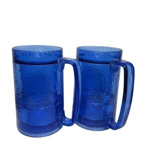Vtg Thermo-Serv Freezable Cooling Gel Travel Mugs Set Of 2 Dark Blue Made In USA